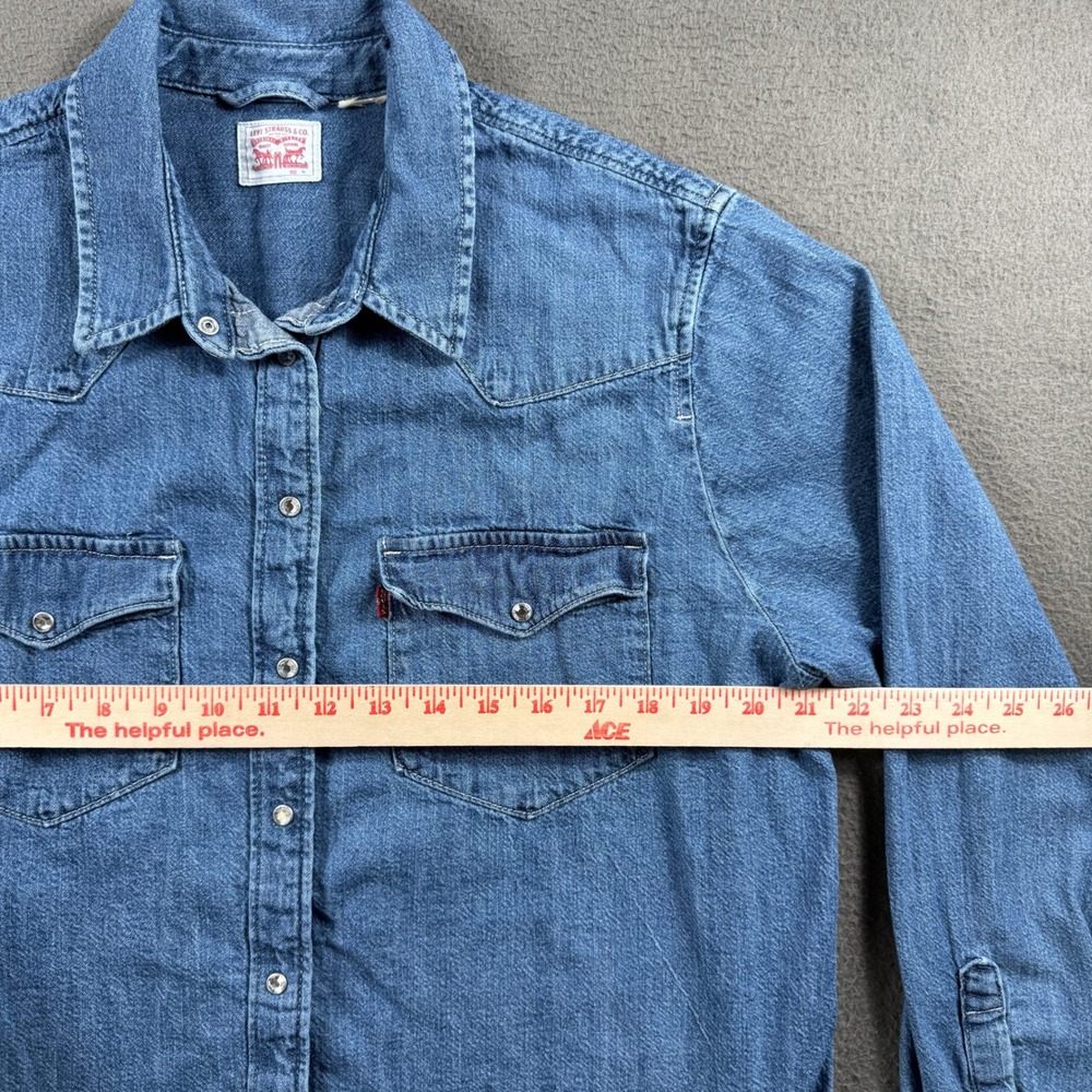 Levis Denim Western Pearl Snap Shirt Womens XL Blue Long Sleeve Rodeo Y2K Top - Picture 4 of 6